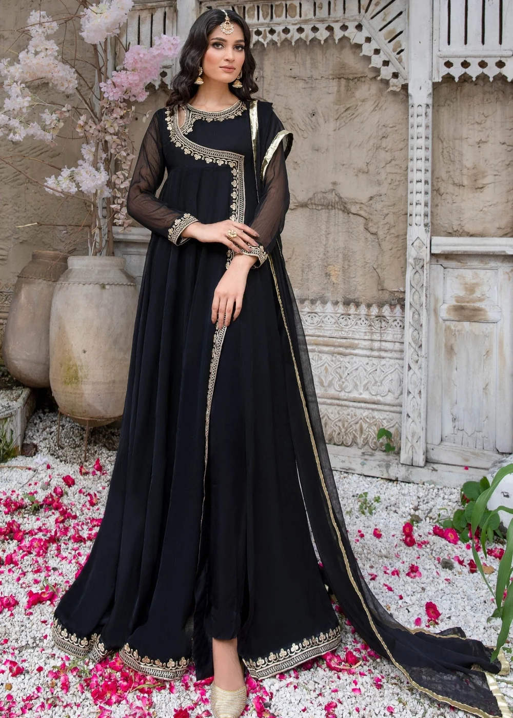 Black Embroidered Angrakha Suit