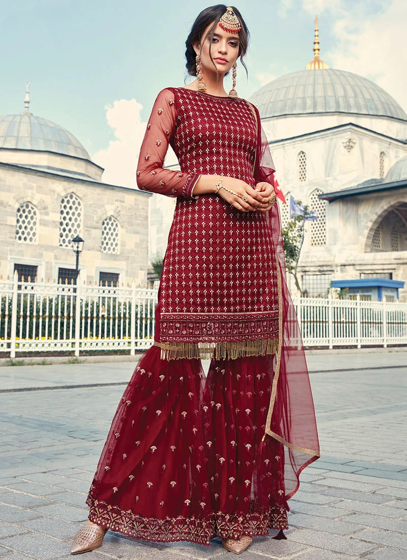 Maroon Embroidered Traditional Suit