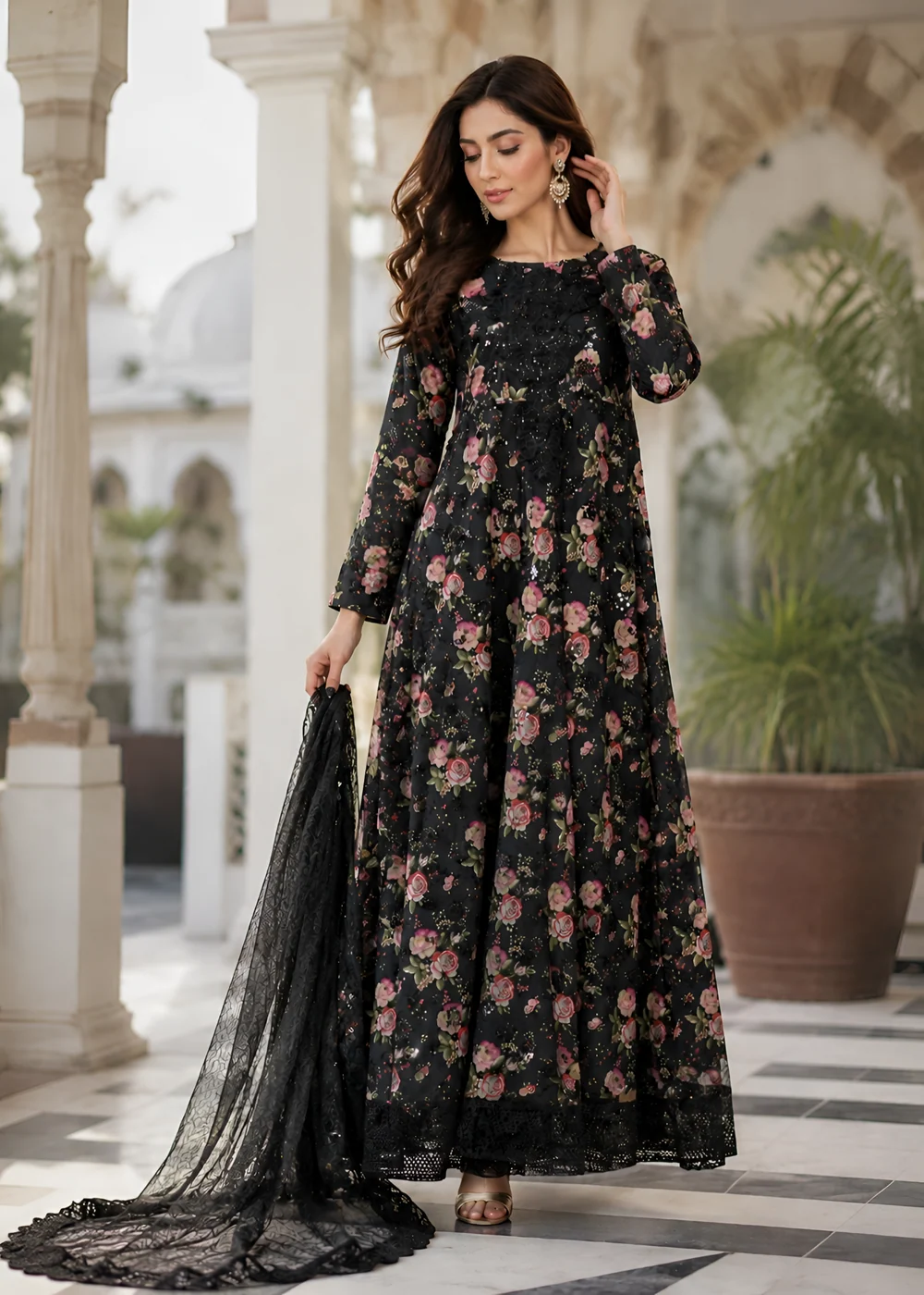 REGAL GLOW SEQUINE NET LONG MAXI WITH POTLI SET